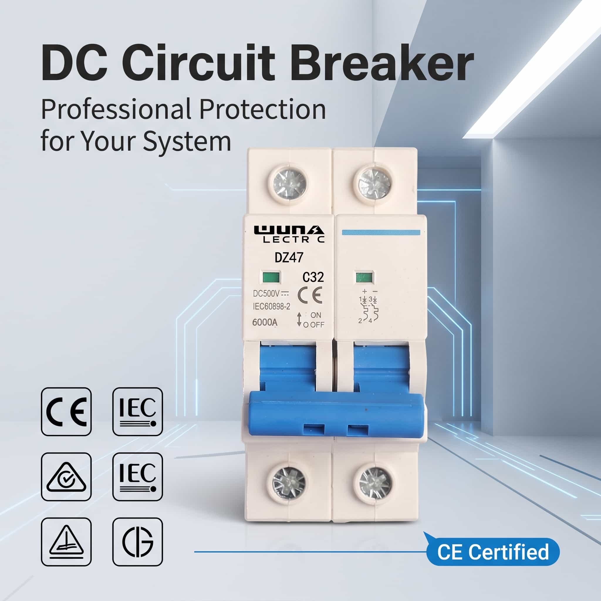 2 पोल डीसी लघु सर्किट ब्रेकर DZ47 C32 500V