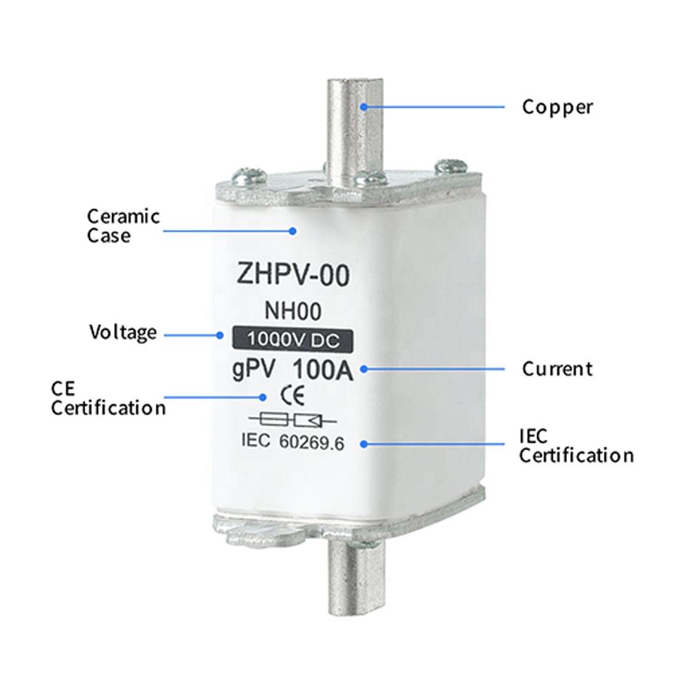 NH00-1000V IEC कमी व्होल्टेज फोटोव्होल्टेइक नाइफ फ्यूज प्लास्टिक 80A 6ka ब्रेकिंग क्षमता